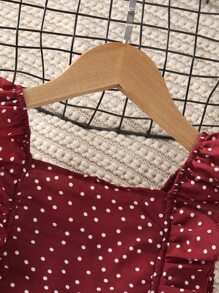 SHEIN Tween Girl Polka Dot Ruffle Trim Shirred Top & Skirt - Burgundy - View 6