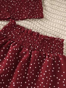 SHEIN Tween Girl Polka Dot Ruffle Trim Shirred Top & Skirt - Burgundy - View 7