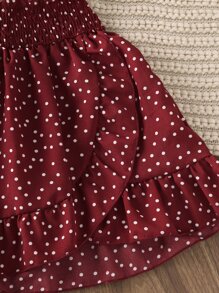 SHEIN Tween Girl Polka Dot Ruffle Trim Shirred Top & Skirt - Burgundy - View 8