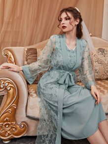 Floral Embroidery Belted PJ Set - Baby Blue - View 1