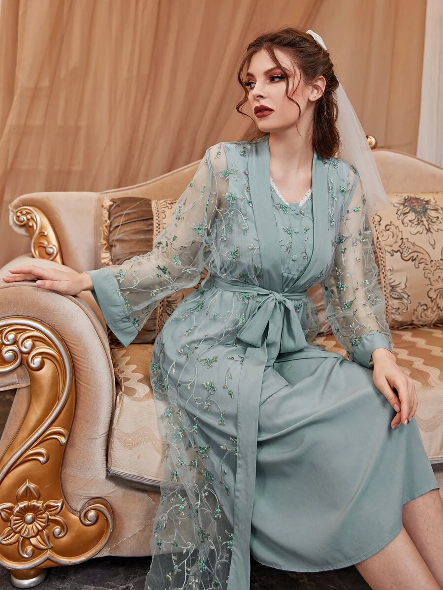 Floral Embroidery Belted PJ Set - Baby Blue - View 1