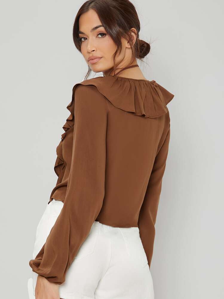 Ruffle Trim Tie Front Bishop Sleeve Blouse