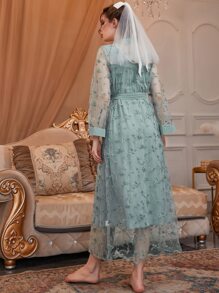 Floral Embroidery Belted PJ Set - Baby Blue - View 2