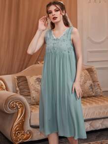 Floral Embroidery Belted PJ Set - Baby Blue - View 3