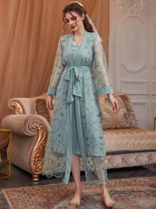 Floral Embroidery Belted PJ Set - Baby Blue - View 5