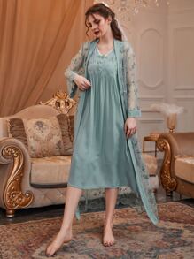 Floral Embroidery Belted PJ Set - Baby Blue - View 6