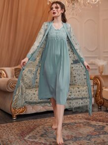 Floral Embroidery Belted PJ Set - Baby Blue - View 7