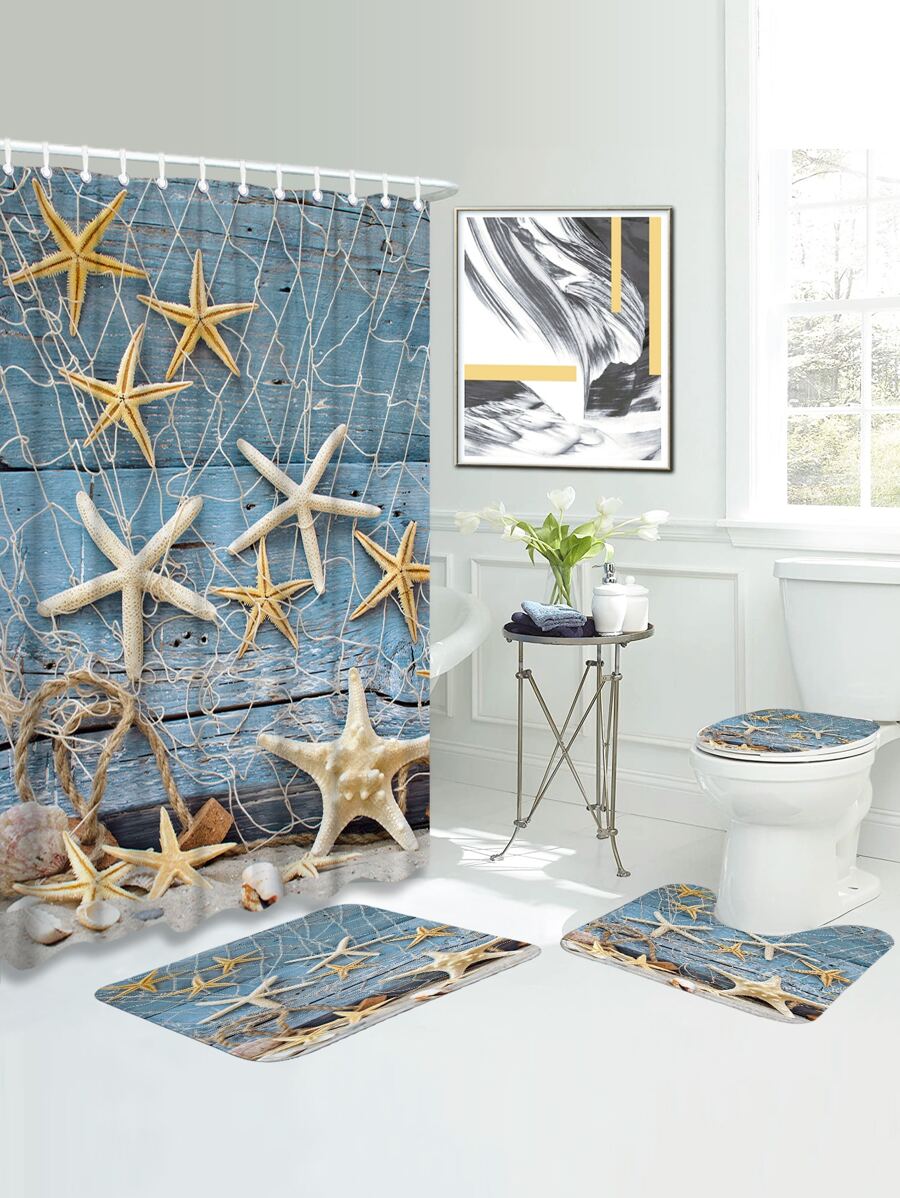1pc Starfish Print Bath Rug Or 1pc Shower Curtain Home Bathroom Decor Floor Carpet Outdoor Rug Door Mat Fall Decor Entryway Decor - Multicolor - View 1