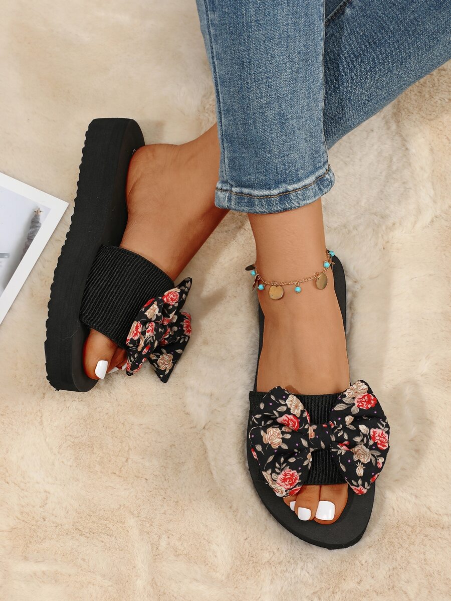 Chanclas de la decoración del arco del estampado de flores de las mujeres, diapositivas planas con punta abierta de moda - Negro - Ver 1