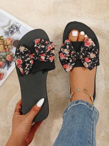 Chanclas de la decoración del arco del estampado de flores de las mujeres, diapositivas planas con punta abierta de moda - Negro - Ver 2