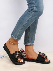 Chanclas de la decoración del arco del estampado de flores de las mujeres, diapositivas planas con punta abierta de moda - Negro - Ver 3