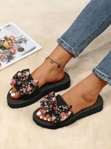 Chanclas de la decoración del arco del estampado de flores de las mujeres, diapositivas planas con punta abierta de moda - Negro - Ver 4