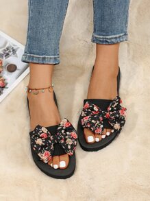 Chanclas de la decoración del arco del estampado de flores de las mujeres, diapositivas planas con punta abierta de moda - Negro - Ver 5