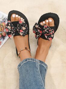 Chanclas de la decoración del arco del estampado de flores de las mujeres, diapositivas planas con punta abierta de moda - Negro - Ver 6