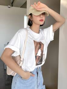 DAZY Áo thun nữ Con số Lá thư Giải trí - trắng - Xem 5