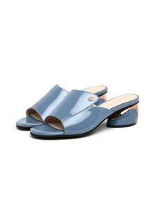Women's Summer Fashion Blue High Heel Chunky Heel Sandals Mule Slip-On Shoes, Mid-Heel