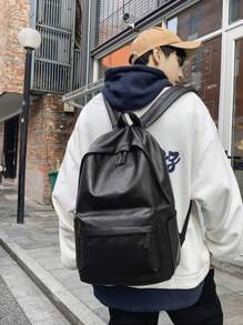 Men Large Capacity Backpack Schoolbag Travel College Leather Vintage Laptop Bag Black Rucksack Fathers Day Computer Hiking Business Padded Compartment - Black - View 4