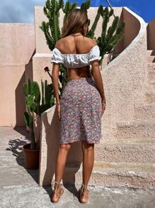 小碎花側抽繩開衩半身裙 - 彩色 - 查看 2