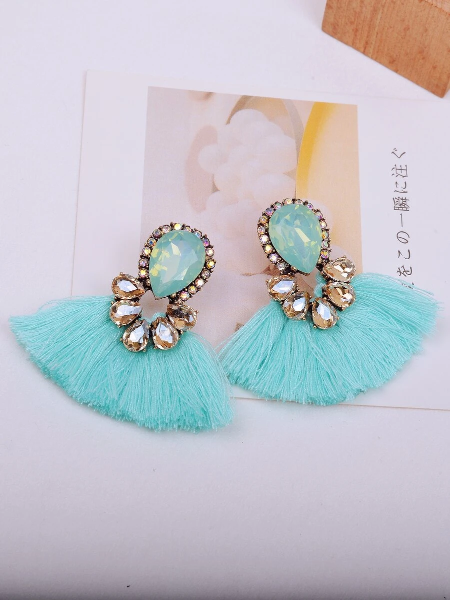 1對復古風格時尚幾何圖案流蘇耳環,適合日常佩戴 - 薄荷藍 - 查看 1