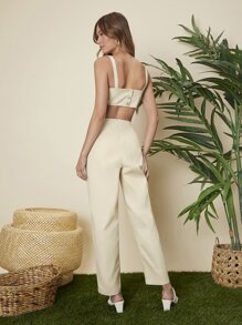 SHEIN Cut Out Bustier Button Back Cami Jumpsuit - Beige - View 2