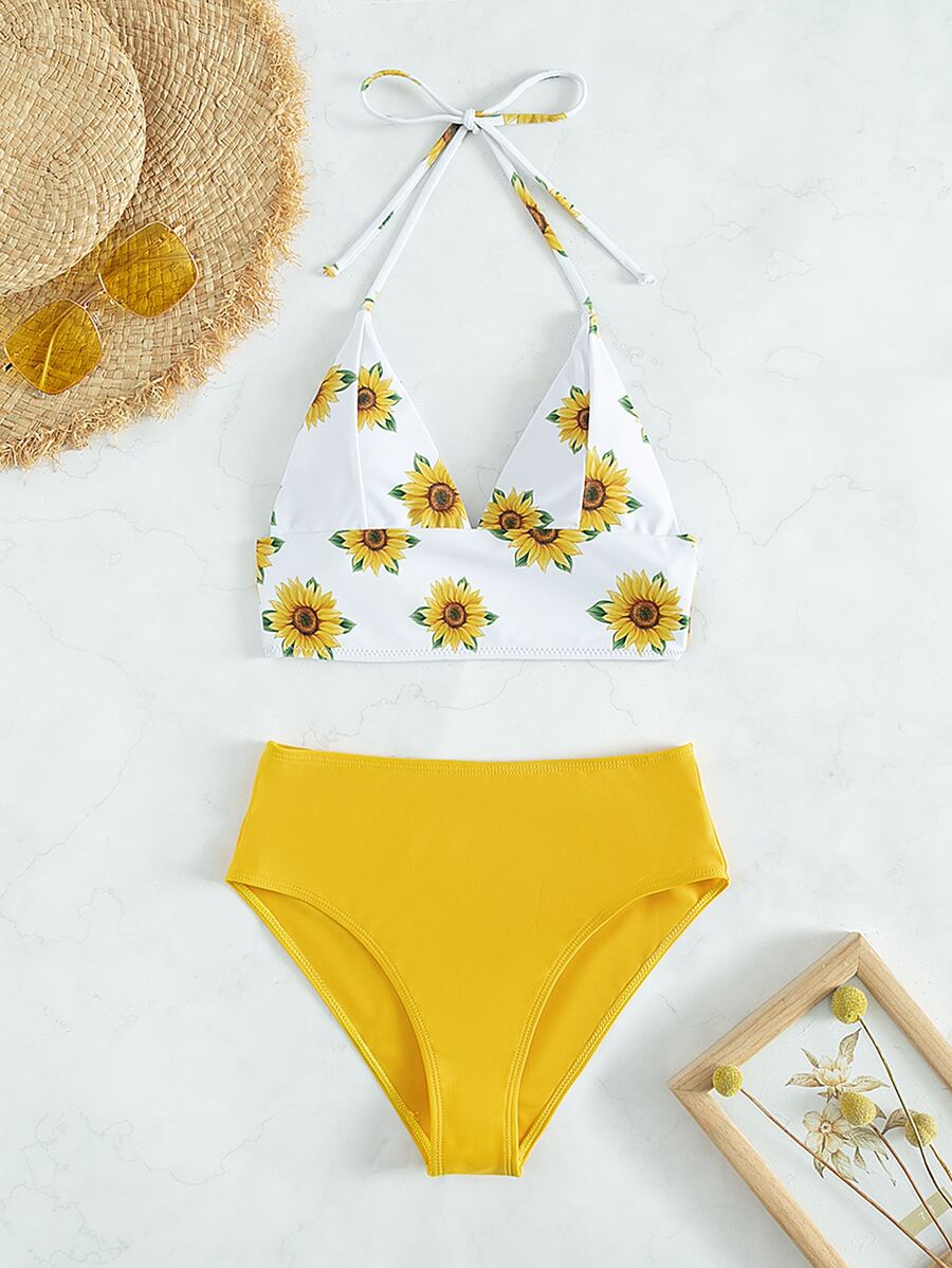 Bộ bikini dây in hoa hướng dương đi biển mùa hè - Nhiều màu - Xem 1