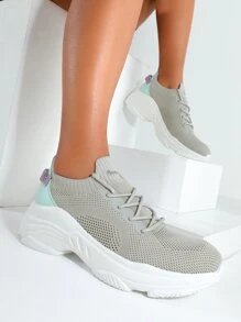 Cuccoo Knit Detail Lace-up Front Breathable Running Shoes - Grey - View 4