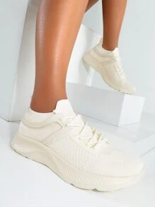 CUCCOO BASICS Knit Detail Lace-up Front Breathable Running Shoes - Beige - View 2