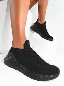 Cuccoo Textured Knit Detail Breathable Running Shoes - Black - View 2