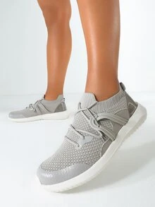 Cuccoo Knit Detail Lace-up Front Breathable Running Shoes - Grey - View 7