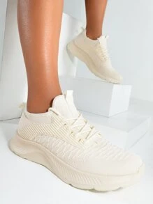 Cuccoo Knit Detail Lace-up Front Breathable Running Shoes - Beige - View 4