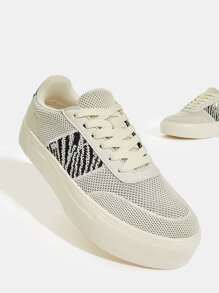 Cuccoo Graphic Knit Lace-up Front Sneakers - Beige - View 2