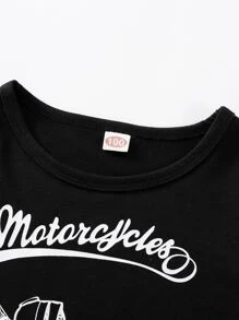 SHEIN Young Boy Letter & Motorcycle Print Tee - Black - View 4