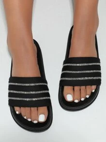 CUCCOO EASI Woman Shoes Rhinestone Decor Slides For Summer Vacation Shoes Summer Back To School Shoes College Student Shoes For Casual Beach Style