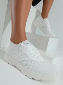 Cuccoo Striped Knit Detail Breathable Running Shoes - White - View 4