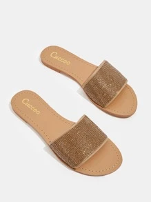 CUCCOO TILAWA Giày nữ đính đá Rhinestone trang trí dép lê đế bằng cho ngày lễ tình nhân mùa xuân và mùa hè - Rượu sâm banh - Xem 2