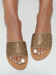 CUCCOO TILAWA Giày nữ đính đá Rhinestone trang trí dép lê đế bằng cho ngày lễ tình nhân mùa xuân và mùa hè - Rượu sâm banh - Xem 4