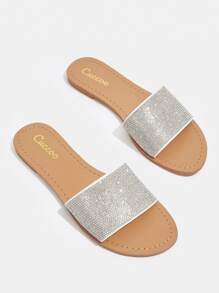 Glamorous Outdoors Flat Slippers For Women, Glitter Rhinestone Decor Fabric Open Toe Slide Sandals - White - View 2