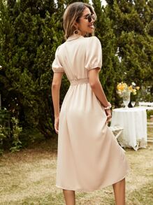 Puff Sleeve Shirred Knot Front Dress - Apricot - View 2