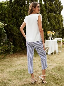 SHEIN Frenchy Bộ đồ hai mảnh nữ Thắt lưng Nút phía trước Sọc Giải trí - Xanh và trắng - Xem 2