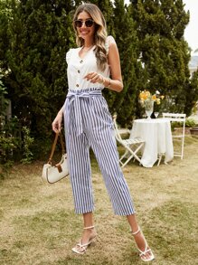 SHEIN Frenchy Bộ đồ hai mảnh nữ Thắt lưng Nút phía trước Sọc Giải trí - Xanh và trắng - Xem 3