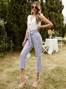 SHEIN Frenchy Bộ đồ hai mảnh nữ Thắt lưng Nút phía trước Sọc Giải trí - Xanh và trắng - Xem 4