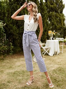 SHEIN Frenchy Bộ đồ hai mảnh nữ Thắt lưng Nút phía trước Sọc Giải trí - Xanh và trắng - Xem 5