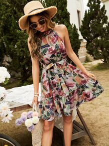 SHEIN VCAY Brush Print Halter Neck Ruffle Hem Belted Dress - Multicolor - View 4