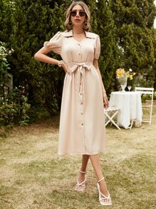 Puff Sleeve Shirred Knot Front Dress - Apricot - View 5