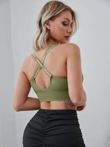 Yoga Basic Medium Support  Letter Graphic Zip Front Sports Bra - Army Green - View 1