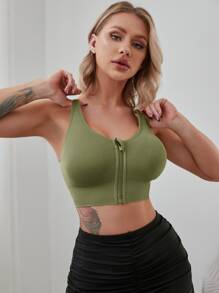Yoga Basic Medium Support  Letter Graphic Zip Front Sports Bra - Army Green - View 2