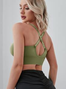 Yoga Basic Medium Support  Letter Graphic Zip Front Sports Bra - Army Green - View 3