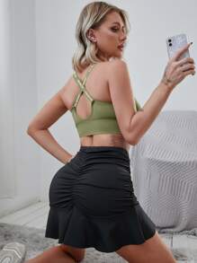 Yoga Basic Medium Support  Letter Graphic Zip Front Sports Bra - Army Green - View 5