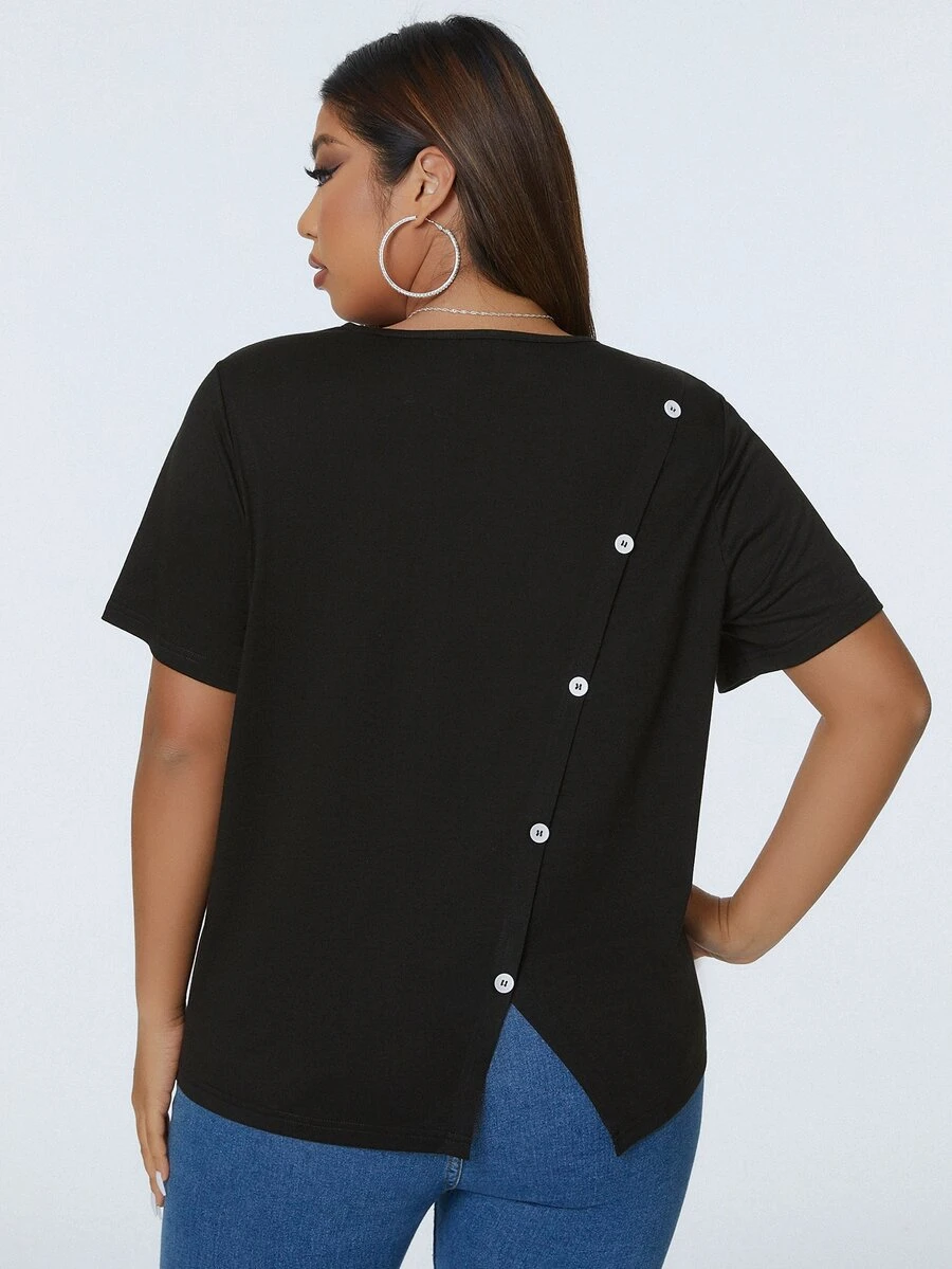 Plus Button Back Solid Tee - Black - View 1