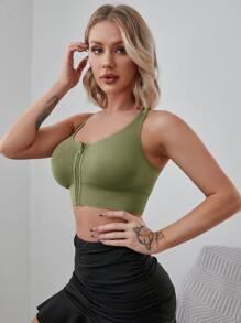 Yoga Basic Medium Support  Letter Graphic Zip Front Sports Bra - Army Green - View 6